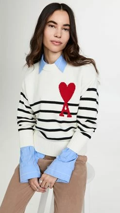 Deals 🔥 AMI Adc Striped Sweater White/Black/Red 🌟