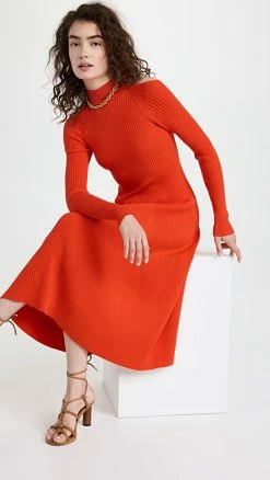 Hot Sale 🔔 A.W.A.K.E. MODE Shoulder Cut Out Midi 👗 Dress Red 🤩