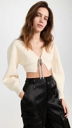 Cheapest 🥰 Alexander Wang Crystal Tie Cropped Cardigan Ivory 🔔