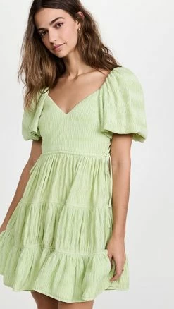 Budget ๐ฅ Jonathan Simkhai Cadence Plisse Puff Sleeve Mini ๐ Dress Pear โญ