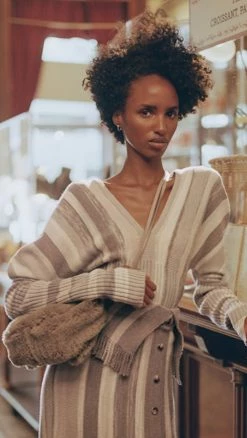 Coupon ⭐ Jonathan Simkhai Jasmina Brush Stroke Striped Wool V Neck Top Chocolate Space Dye 😍