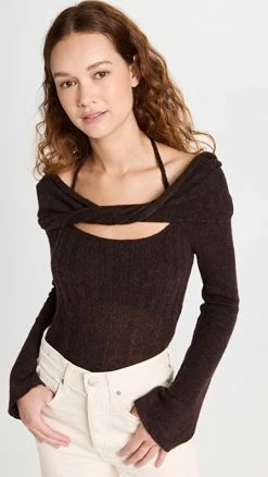 Promo 👍 Jonathan Simkhai Cambria Sheer Alpaca Off Shoulder With Halter Ties Chocolate ✨