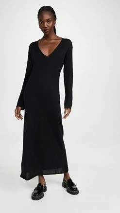 Promo 🔥 Le Kasha Arizona V Neck Long Cashmere 👗 Dress Black 👍