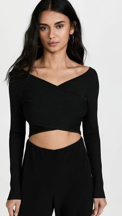 Buy ⭐ LAPOINTE Shiny Cross Over Cropped Top Black 🔥