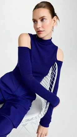Top 10 ๐ LAPOINTE Airy Cashmere Silk Fitted Cut Out Top Indigo โค๏ธ