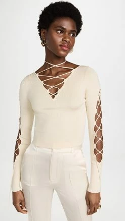 Cheapest ✨ LAPOINTE Shiny Viscose Longsleeve Lace Up Top Cream ⭐