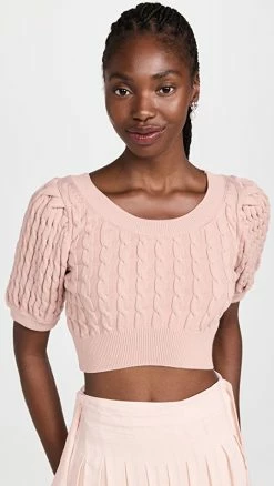 Flash Sale 🔥 Simone Rocha Cropped Puff Sleeve Cable Top Rose ✔️