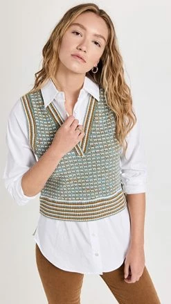 Best Pirce 😀 Veronica Beard Serwa Mixed Media Vest Blue Multi 🔥