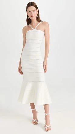 Best Sale 👍 Victoria Beckham Scalloped Strap Flare 👗 Dress White 😉